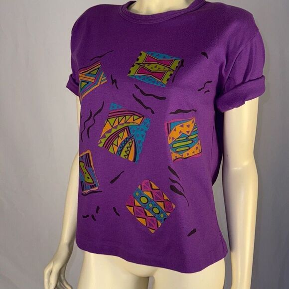 Vintage 80’s Purple Geometric Bold Shoulder T-Shirt Women’s Size MP - Picture 8 of 12
